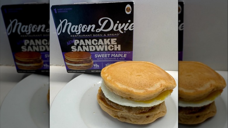 box of Mason And Dixie pancake sandwiches, with one on a plate