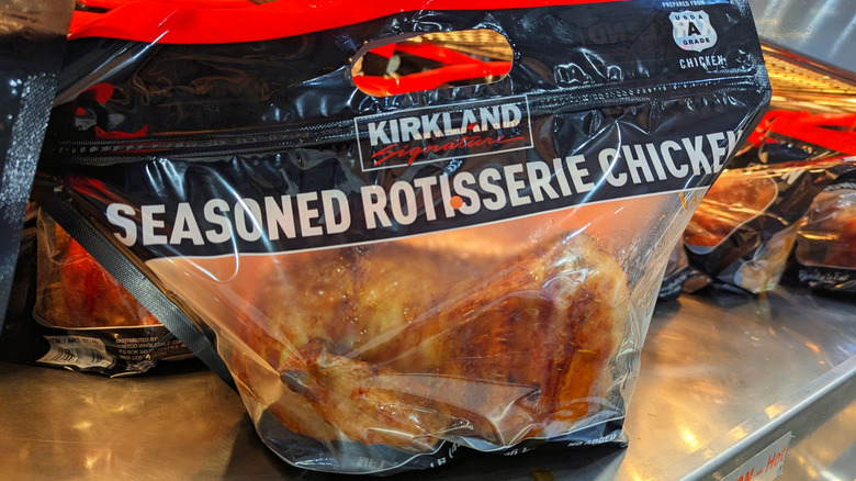 A bagged Kirkland Signature Seasoned Rotisserie Chicken