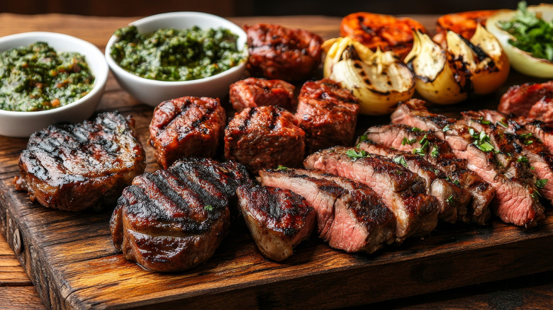Wooden board with a variety of different grilled steaks