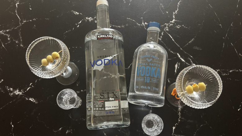 Costco and Trader Joe's vodka bottles with shots of vodka and martinis