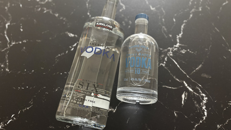 Costco Kirkland vodka next to Trader Joe's small batch vodka