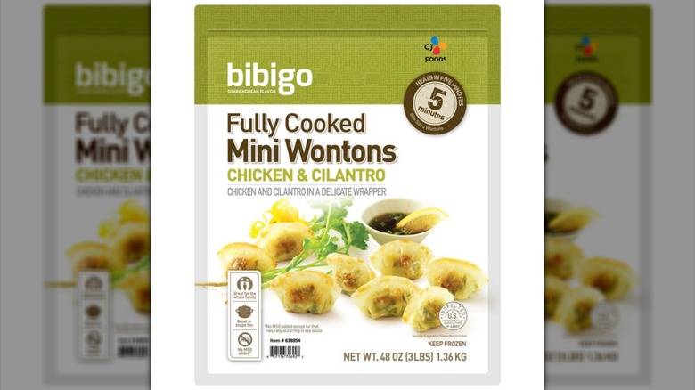 White bag of frozen Bibigo Chicken and Cilantro Mini Wontons on white background