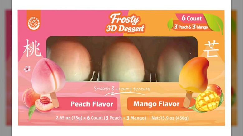 Box of Frosty Peach and Mango Fruit Shaped Ice Creams on white background