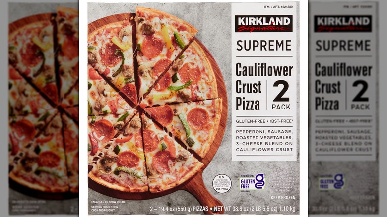 Box of Kirkland Signature Cauliflower Crust Supreme Pizza on white background