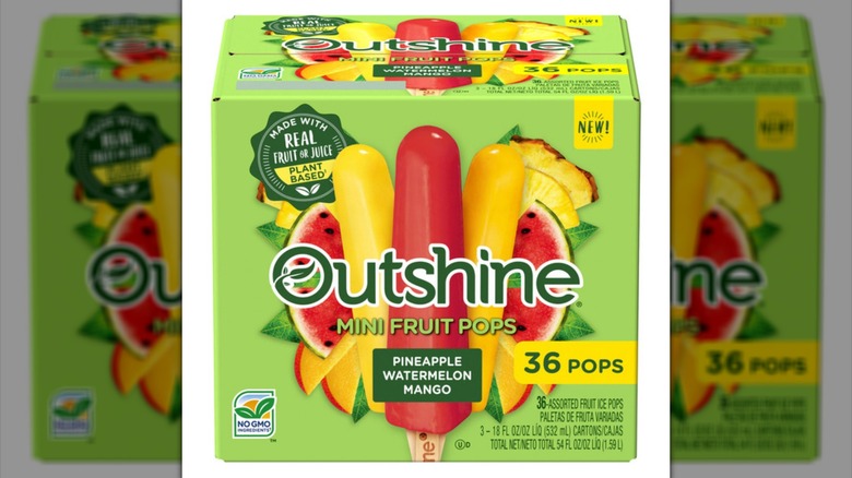 Green box of Outshine Mini Fruit Pops on white background