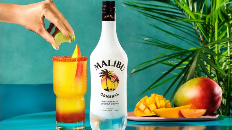 Malibu rum and cocktail with fresh mango fruit