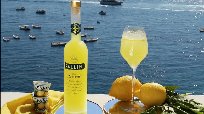 Bottle of Pallini with glass and lemons with sea in the background