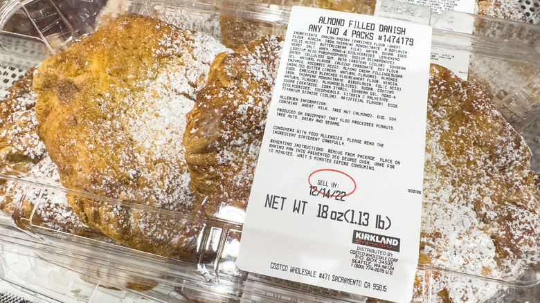 A package of Kirkland Signature Almond Filled Danish on display at a warehouse