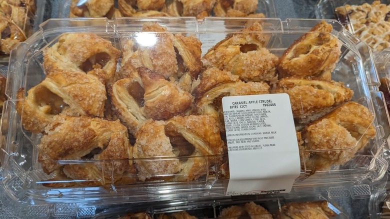 A display of Kirkland Signature Caramel Apple Strudel Bites in the Costco bakery