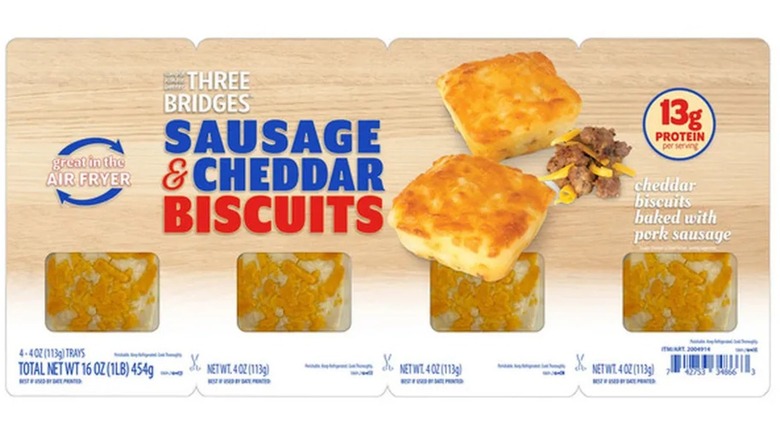 Box of Three Bridges Sausage & Cheddar Biscuits on white background