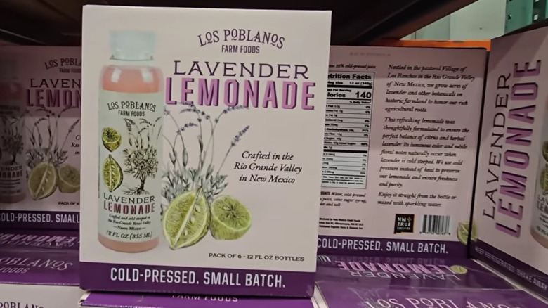 A box of Los Poblanos Farm Foods Lavender Lemonade on a shelf at Costco