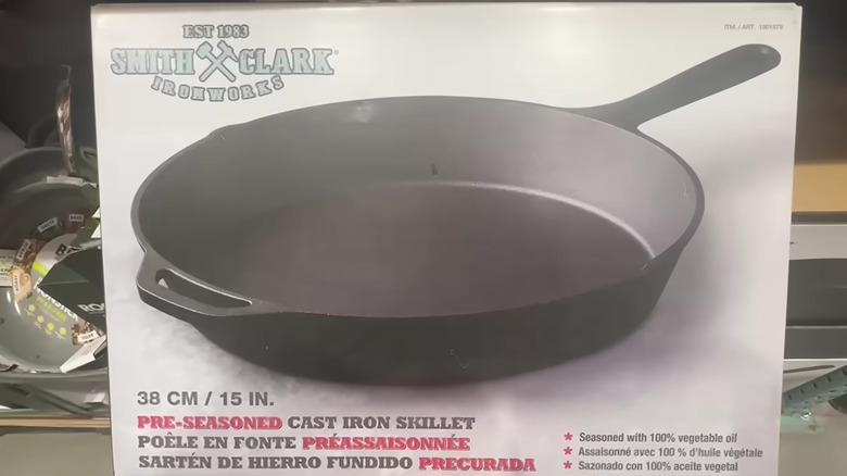 A Smith & Clark Ironworks box containing a pre-seasoned 15-inch cast iron skillet at Costco