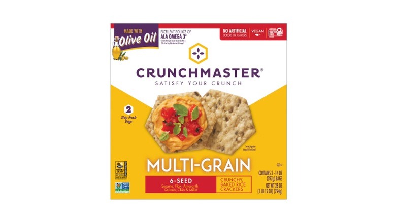 A beauty shot of a box of Crunchmaster Multi-Grain Crackers on a white background.