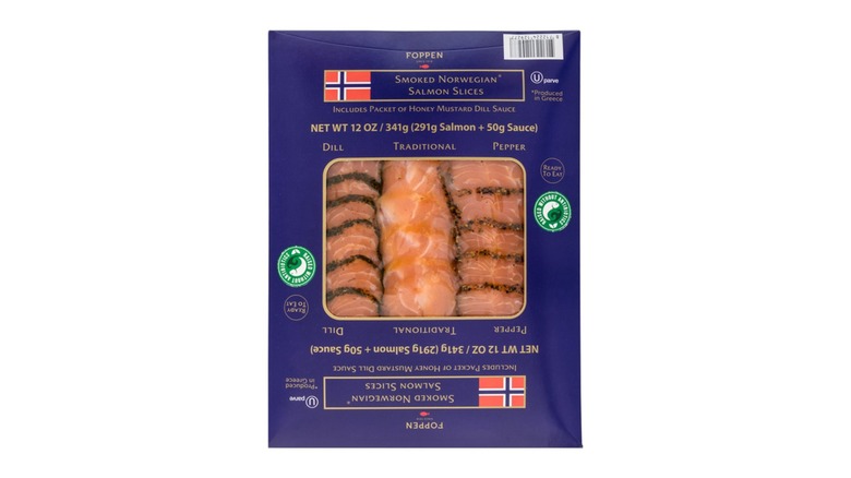 A beauty shot of Foppen Norwegian Smoked Salmon Slices in package on white background