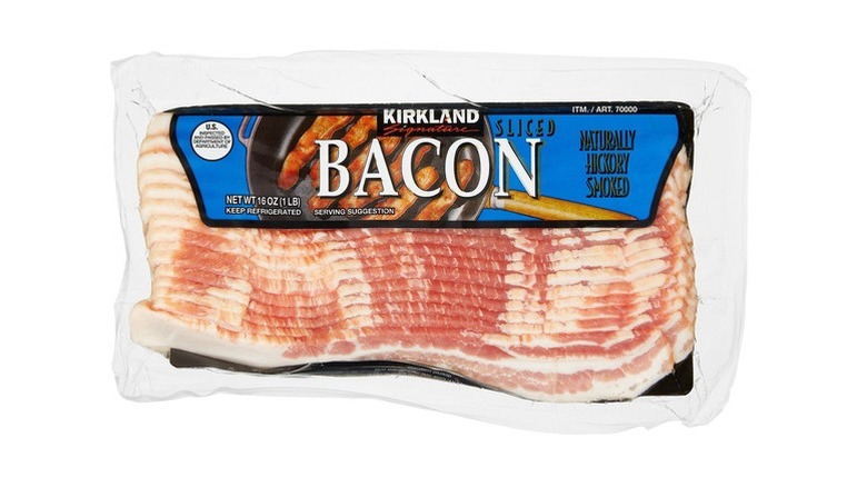 A beauty shot of Kirkland Signature Hickory Smoked Sliced Bacon on a white background
