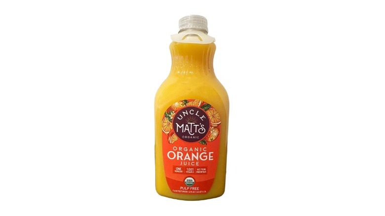 A beauty shot of Uncle Matt's Organic Orange Juice on a white background