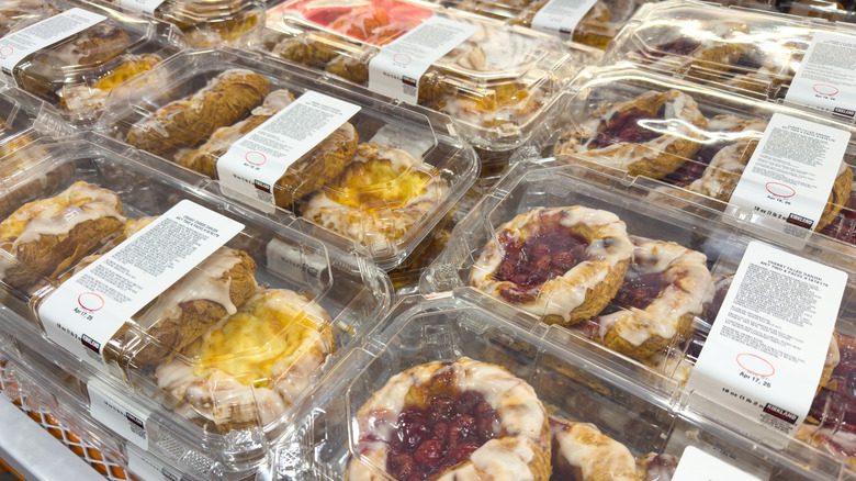 Danishes in two different flavors displayed in boxes at Costco.