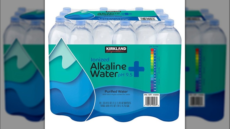 Package of 18 bottles of Kirkland Signature Ionized Alkaline Water against a white background
