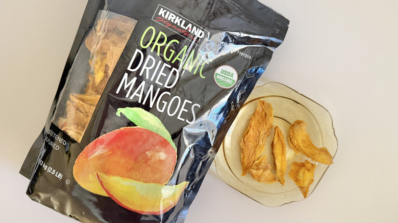 Bag of Kirkland organic dried mangoes on the table