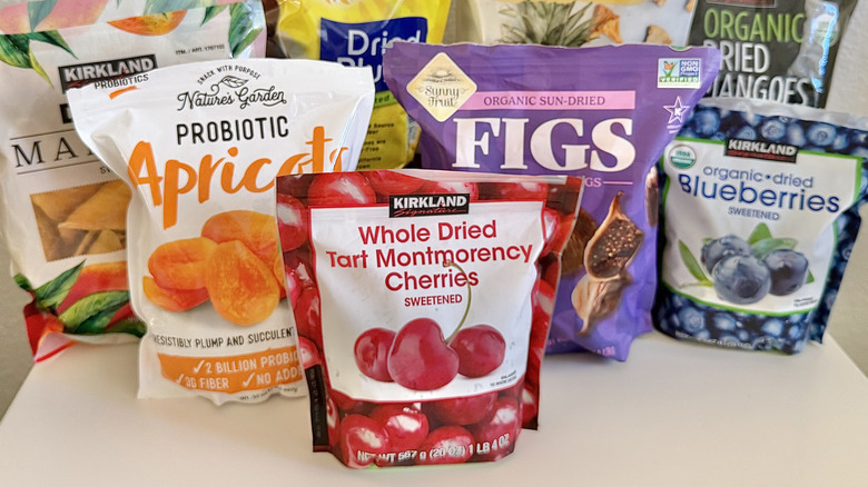 Bags of Kirkland dried fruits on a table