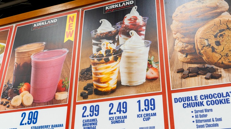 Costco food court menu featuring prices and photos of ice cream sundaes, smoothie drinks, and chocolate chunk cookie