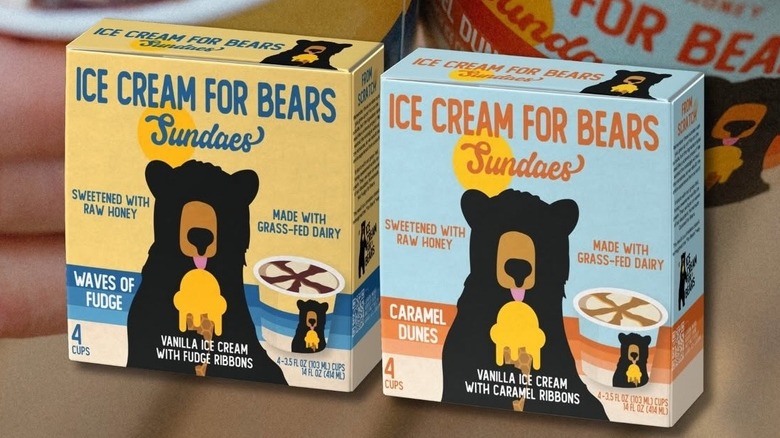 Two product boxes of Ice Cream for Bears in fudge and caramel flavors