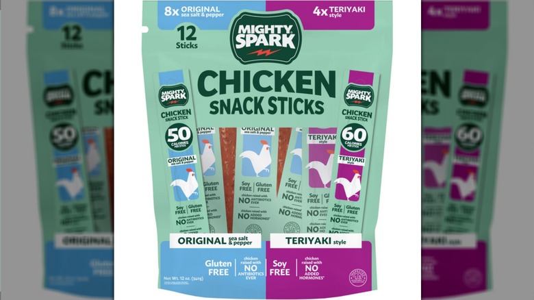 Mighty Spark Chicken Snack Sticks on white background