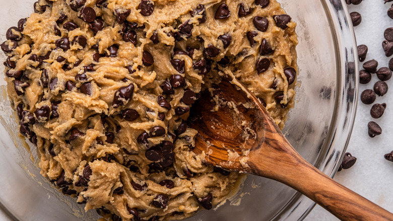 cookie dough with wooden spoon