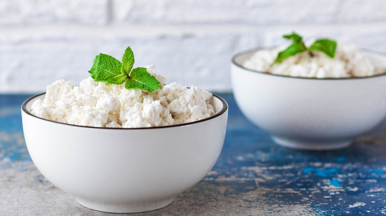 bowls of cottage cheese with fresh mint