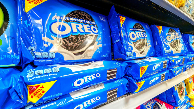 Packages of Oreos on a shelf at a grocery store