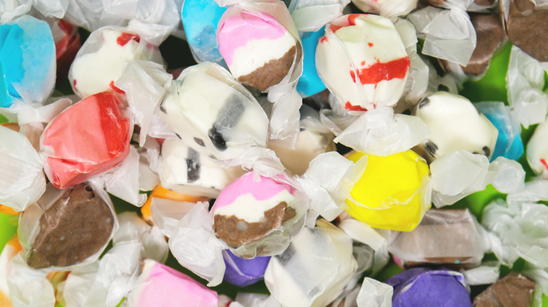 Taffy candy in wrapper, view from above of group
