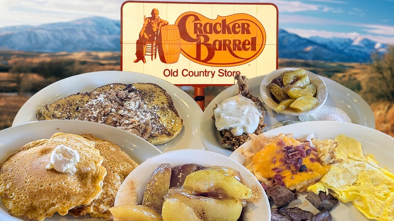 Compsite of five breakfast dishes with the Cracker Barrel logo and a mountain range in the background
