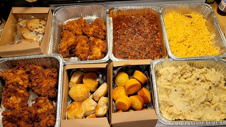 Cracker Barrel catering display with varied foods