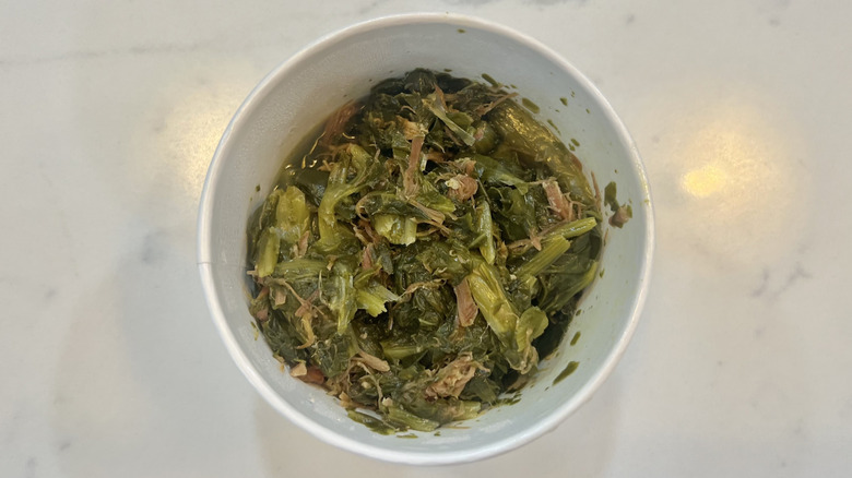 Cracker Barrel turnip greens in a to-go container