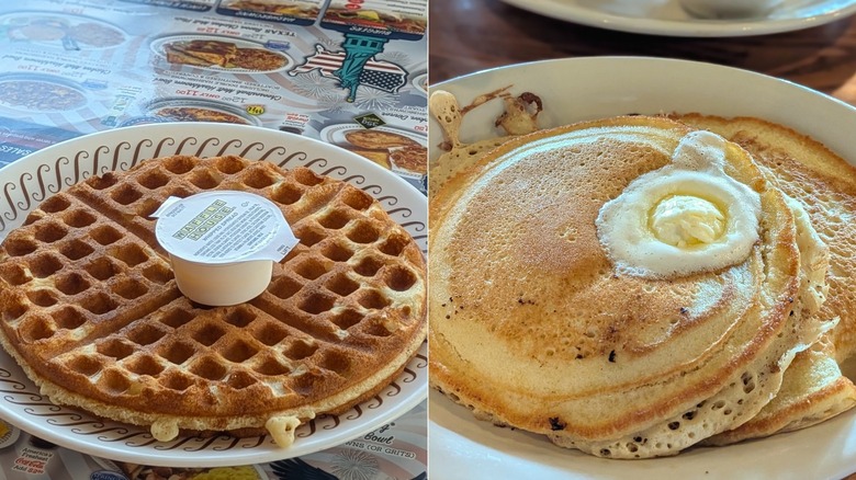 A split image of a waffle from Waffle House and a plate of pancakes from Cracker Barrel