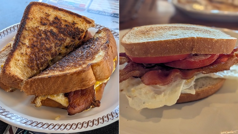 A split image of a Waffle House breakfast sandwich with Texas toast and a Cracker Barrel sandwich on sourdough