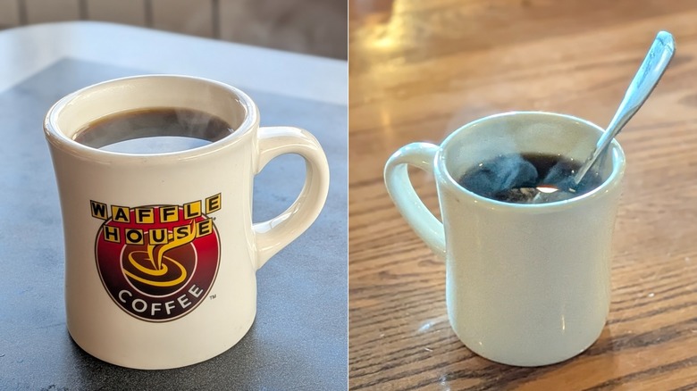 A split image of a mug of coffee with the Waffle House logo on it and a mug of coffee with a spoon in it from Cracker Barrel