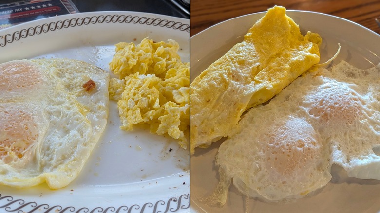 A split image of a plate of overeasy and scrambled eggs from Waffle House and another plate of eggs from Cracker barrel