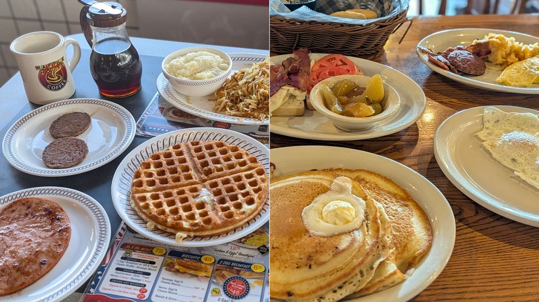 A split image of a breakfast spread at Waffle House and another breakfast spread from Cracker Barrel
