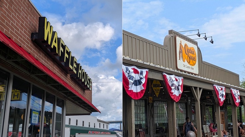 A split image of the Waffle House and Cracker Barrel storefronts