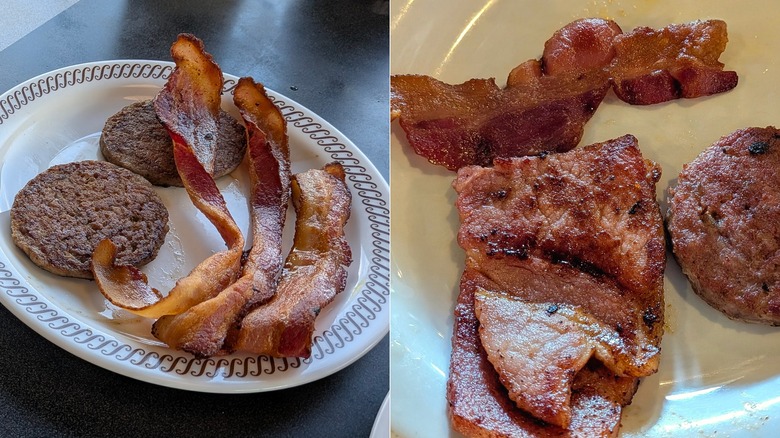 A split image of a plate of breakfast meats from Waffle House and another from Cracker Barrel