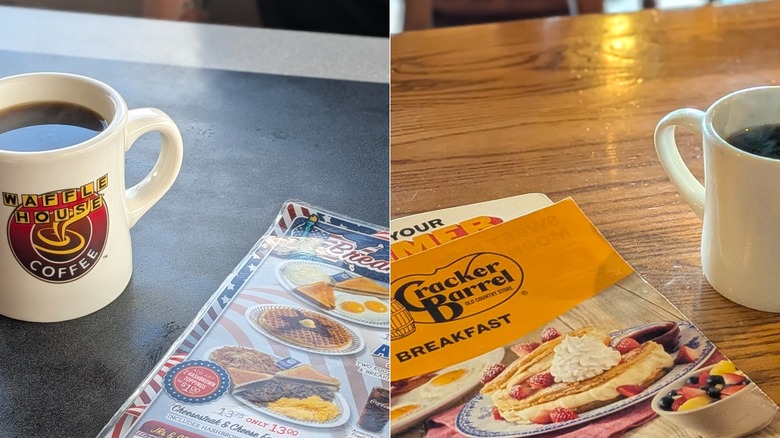 A split image of a cup of coffee and a breakfast menu from Waffle House and another cup of coffee and menu from Cracker Barrel