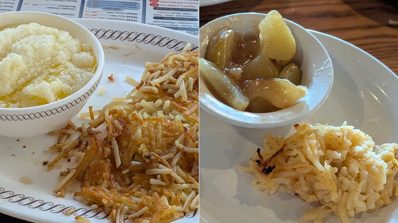 A split image of breakfast side dishes from Waffle House and Cracker Barrel on white plates and bowls