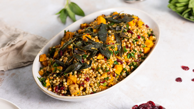 Cranberry and sage pearl couscous on plate 