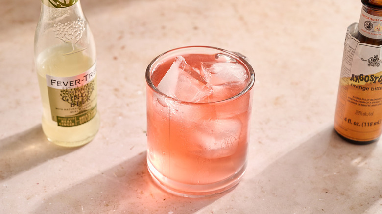 bottle of ginger beer next to red cocktail in glass
