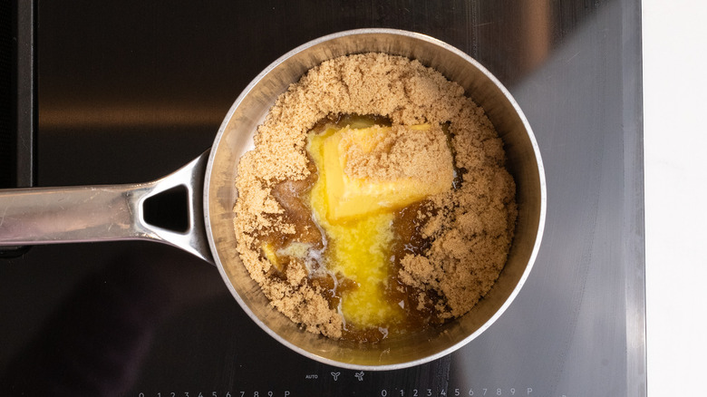 butter and sugar in pan