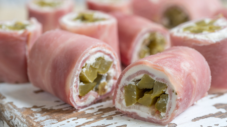 Ham, cream cheese, pickle roll-ups