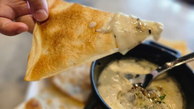 flatbread dipped in cream of mushroom soup
