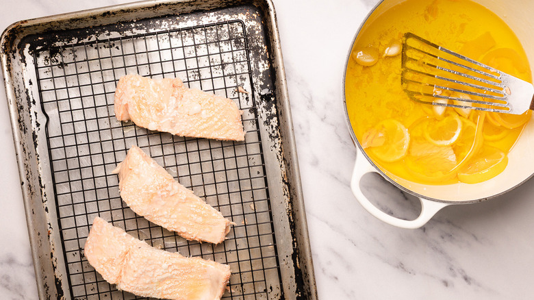 Salmon on drying rack.
