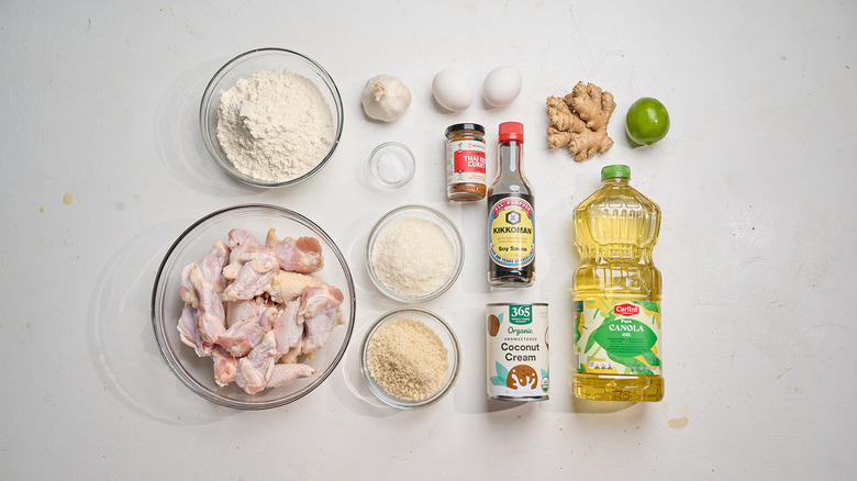 Crispy coconut chicken wings ingredients on a table